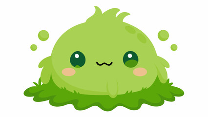 Naklejka premium Cute Green Moss Blob Spirit Character with Big Eyes Sitting on Grass Vector Illustration