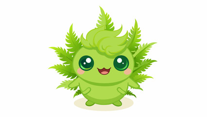 Fototapeta premium Adorable Green Fern Monster with Leafy Curls Glowing Eyes and Happy Expression on White Background green monster