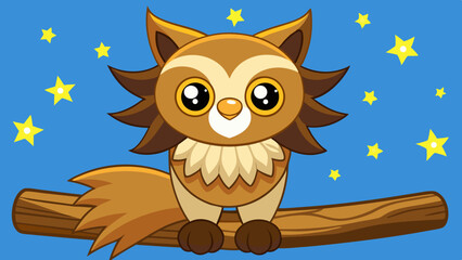 Obraz premium Cute Chibi Owl Lion Hybrid Sitting on a Branch Under a Starry Night Sky animal