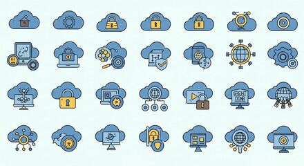 Fototapeta premium Cloud Icons: An array of stylized cloud icons representing data storage and the digital universe, communicating digital cloud security.