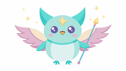Fototapeta premium Kawaii Teal Bush Monster with Pink Wings Holding a Wand Berries for Eyes Star on Head turquoise mint green