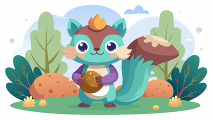 Naklejka premium Kawaii Teal Squirrel Elf Hybrid with Orange Flame Crown Holding Giant Acorn in Green Forest Setting vector