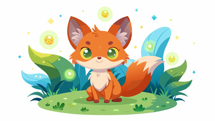 Kawaii Style Orange Fox Spirit Sitting on Green Grass with Glowing Firefly Orbs and Blue Green Leaves on White Background