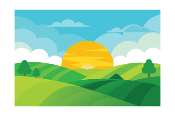 Obraz premium Serene Sunset over Rolling Green Hills A Peaceful Landscape Illustration