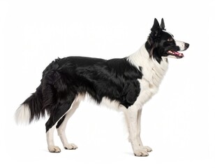 Border Collie Profile: A beautifully posed border collie showcases its striking black and white coat, full of elegance and grace, captured in a clean, professional studio shot.