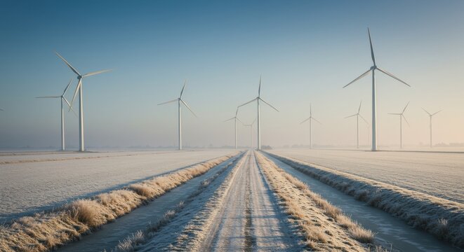 Wind turbines generating clean energy snowy landscape winter environment wide angle renewable energy concept