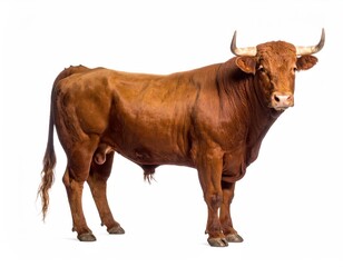 Majestic Bull Portrait: A powerful bull with impressive horns and a rich brown coat stands proudly, its robust physique a symbol of strength and untamed beauty.