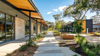 Modern Architectural Design of Eco-Friendly Buildings Surrounded by Lush Greenery and Walkways for Community Use