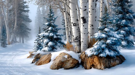 A dense winter forest with white birch trees, mist hanging low between trunks, and snow covering the forest floor