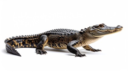 An alligator in detail, showcasing the textures of its scales and strong body. A reptile captured in a clear and detailed shot