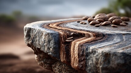 A detailed brown marble surface with copper-colored swirls, layered textures, and natural fissures highlighted by directional lighting
