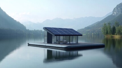 Fototapeta premium Modern Floating House with Solar Panels on Calm Lake Surrounded by Mountains and Greenery