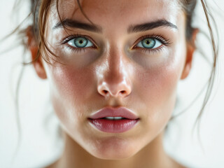 Beautiful European Woman in Close-Up on White Background, Studio Portrait