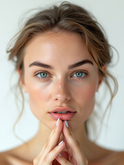 Beautiful European Woman in Close-Up on White Background, Studio Portrait