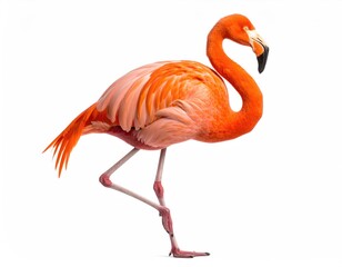Obraz premium Majestic Flamingo's Elegance: A graceful flamingo stands tall on one leg, showcasing its vibrant pink plumage and long, slender legs, a testament to nature's elegance.