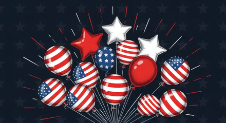 Obraz premium Balloons with American Flag Pattern and Stars for 4th of July Celebration