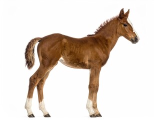 Obraz premium Foal's Gentle Pose: A charming foal, exhibiting its elegant profile, strikes a graceful pose with a soft and gentle disposition, reflecting the innocence and beauty of the animal world.