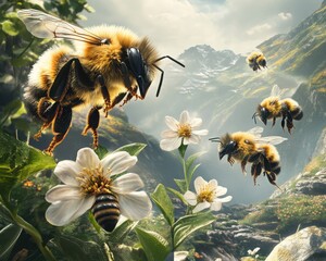 An environmental concept art featuring bees pollinating flowers and supporting ecosystems with realistic textures.