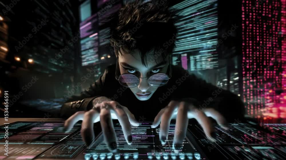 Poster A young hacker with dark hair and glasses types on an advanced computer in the center of a digital landscape, surrounded by glowing lines of code, in a cyberpunk style with high-contrast lighting.