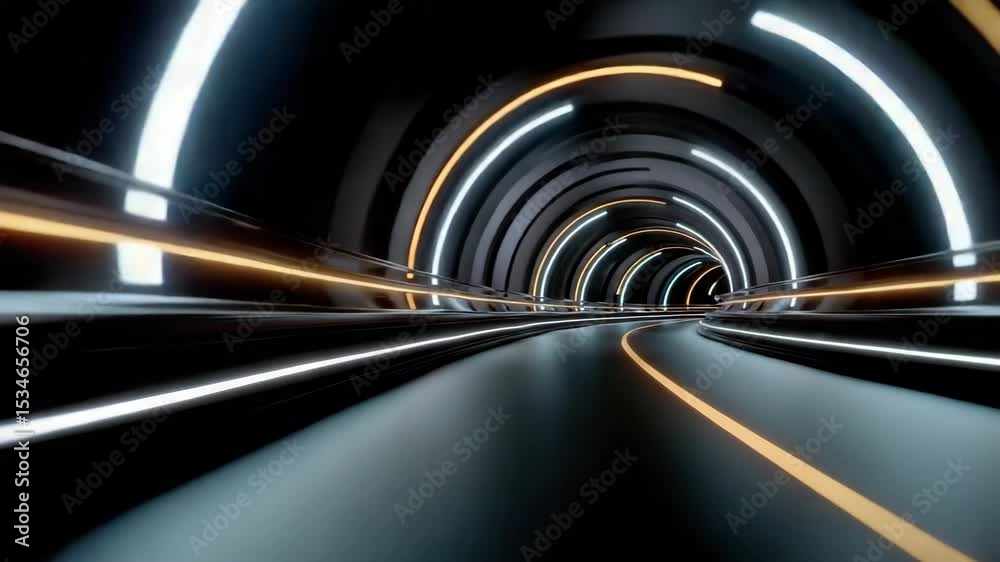 Aufkleber High-speed motion blur of a futuristic tunnel with a black background. Glowing lines and lights on the road create a dynamic and fast-paced feeling.