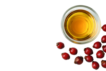Fresh buriti oil in glass bowl and fruits on black background, top view