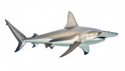 Fototapeta premium A sleek hammerhead shark swims gracefully in the ocean, showcasing its unique head shape. The shark's streamlined body glides through the water