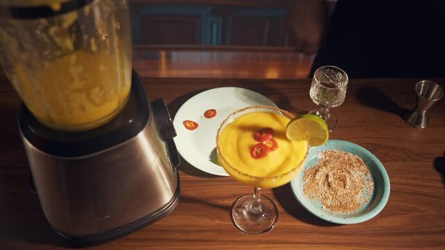 Spicy mango margarita 5 stage ready to drink margarita glass presentation