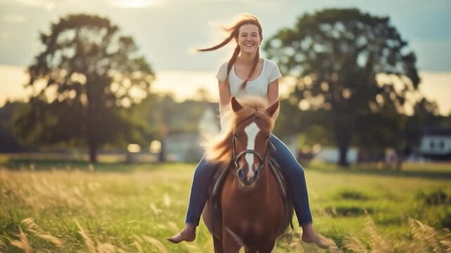 Joyful young woman bareback riding a chestnut pony through a sun-drenched field of tall grass, windswept hair adding to the idyllic scene