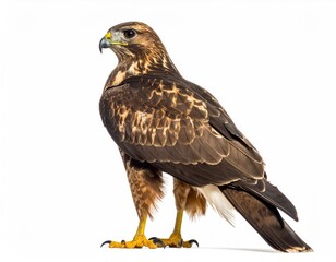 Fototapeta premium A majestic hawk standing proudly, showcasing its sharp talons and keen gaze. The bird has a mix of brown and white feathers 