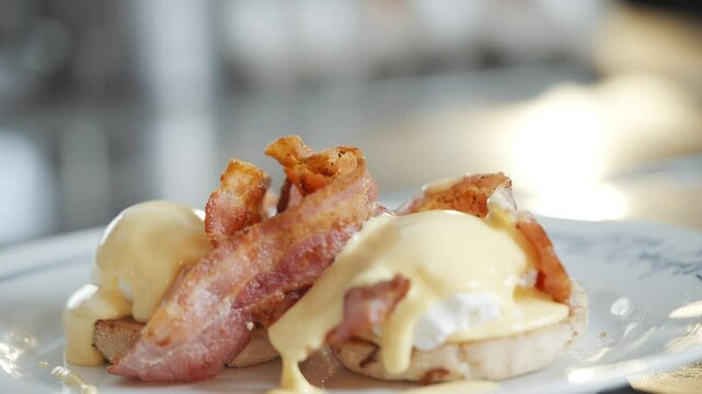 A plate of eggs benedict with bacon and a hand reaching over it. The plate is on a table and the hand is in the air