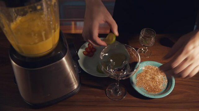 Spicy mango margarita 3 stage glass preparation