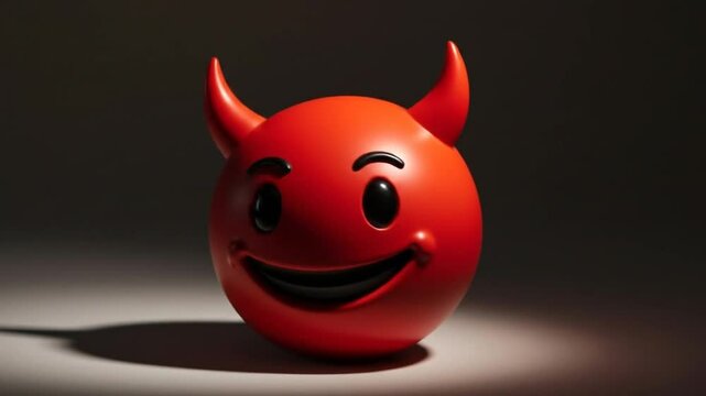 Devil Emoji: A close-up shot features a playful devil emoji, colored a vibrant red, adorned with small curved horns and a mischievous grin, casting a shadow that adds depth and drama.