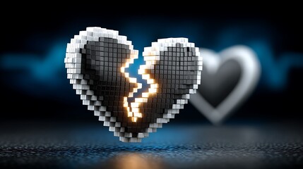 A digital glitch background where pixelated heart icons flicker in random patterns, some broken, some pulsing, on a dark screen with data flow elements
