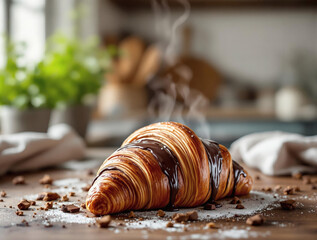 Decadent Chocolate Croissant on a Rustic Table
