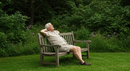 Fototapeta premium Relaxing elderly man on a bench in a lush park nature serene environment peaceful viewpoint
