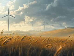 An environmental concept art featuring windy fields with tall grass and windmills with realistic textures.