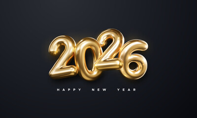 Happy New 2026 Year. Holiday vector illustration of golden metallic numbers 2026 isolated on black background. Realistic 3d sign. Festive poster or banner design