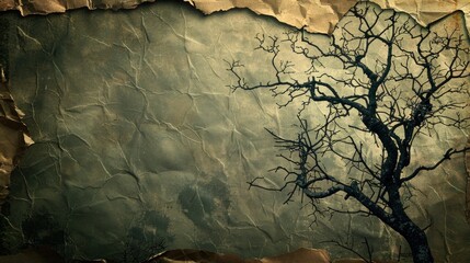 Aged paper distressed backdrop with barren tree silhouette