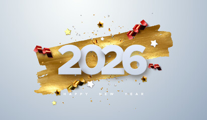 Happy New 2026 Year. Vector holiday illustration of paper cut numbers with sparkling confetti particles, golden stars and streamers. Festive event banner. Decoration element for poster or cover design