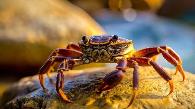 Crab with brown and yellow shell sitting on a rock near the shoreline with blurry background, close-up macro photograph