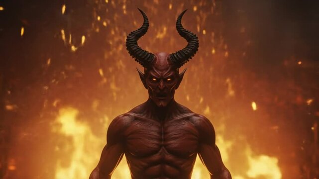 Infernal Demeanor: Capturing the essence of an imposing infernal figure with burning eyes, surrounded by hellish flames, evoking a sense of dread and the ominous presence of the underworld.