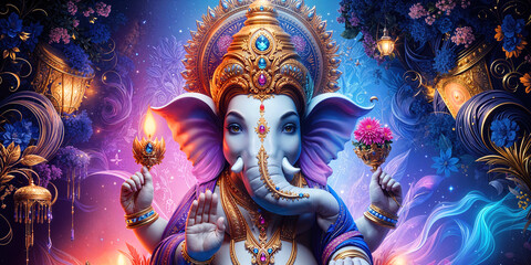 Ganpati Radiant Form in Royal Aura &ndash; A Majestic Portrait of Ganpati with Lotus and Lamp, Showcasing Divine Blessings and Spiritual Grace of Ganesh ji