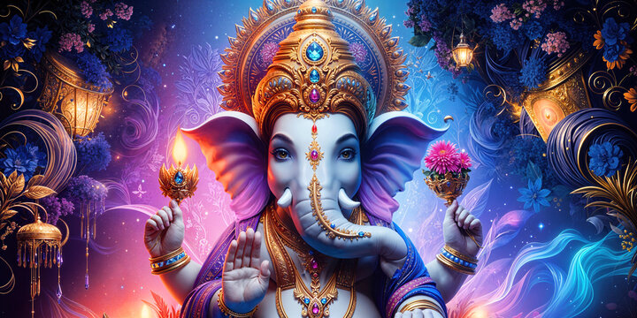 Ganpati Radiant Form in Royal Aura &ndash; A Majestic Portrait of Ganpati with Lotus and Lamp, Showcasing Divine Blessings and Spiritual Grace of Ganesh ji