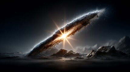 A distant galaxy seen through a veil of translucent cosmic dust, with soft edges and a glowing core casting light through the haze