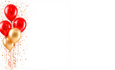 White background with red and gold balloons, ribbons and confetti