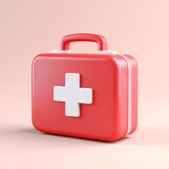 Fototapeta premium Red First Aid Kit with White Cross on Light Pink Background