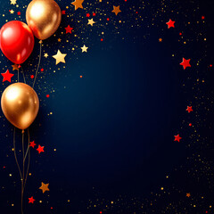 Dark blue background with red and gold balloons and star confetti