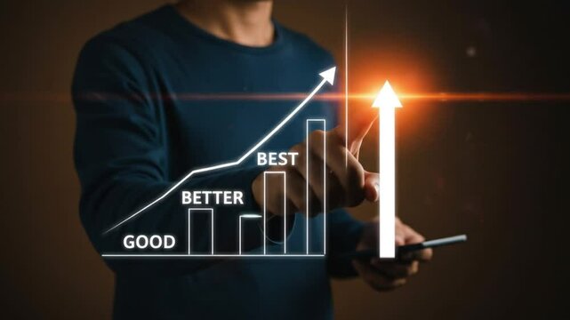 Good to Better to Best Concept. Businessman highlight staircase progress from good to better to best, continuous improvement, goal achievement, excellence in personal or professional growth,