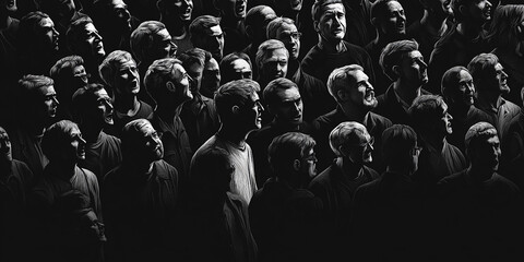 Packed grayscale crowd illustration with detailed facial expressions