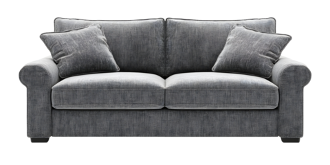 Stylish grey sofa with comfortable cushions isolated on a black background